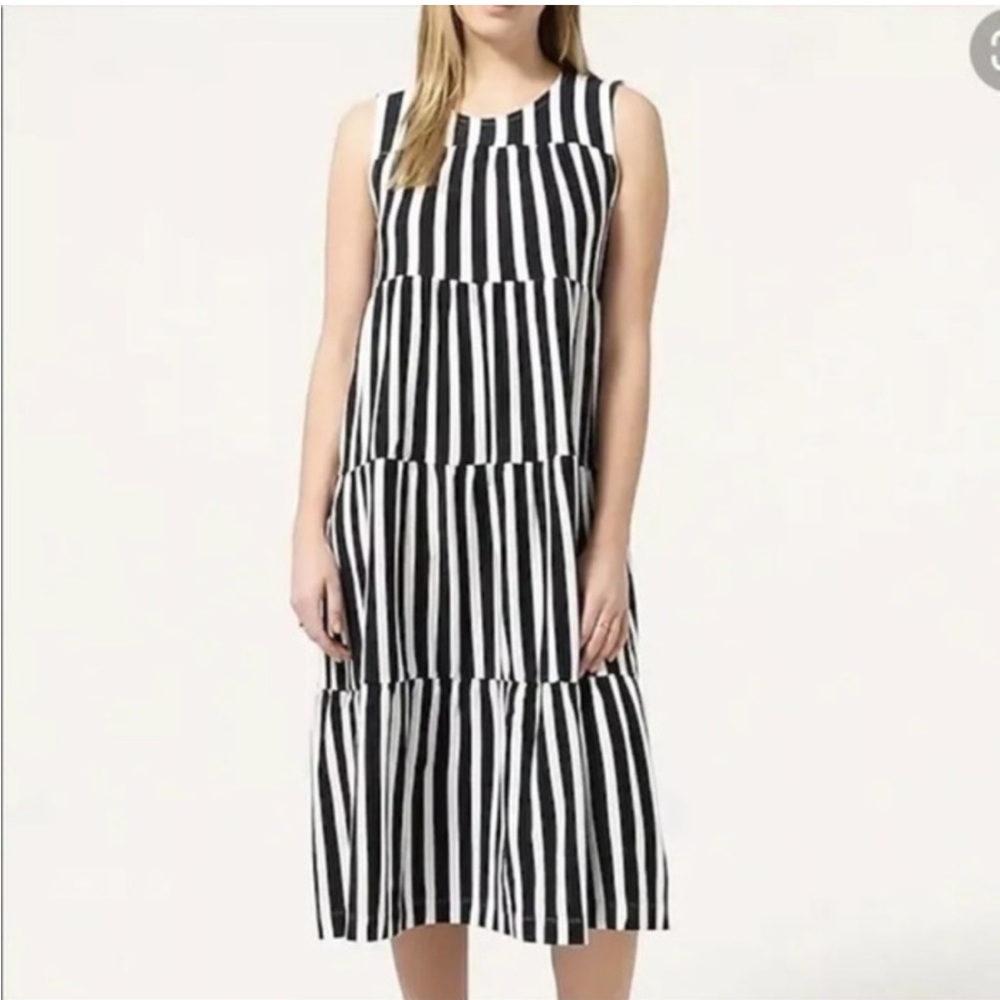 J. Crew Striped Tiered Midi Dress Navy and White Women XXS Knit Stretch -NWOT